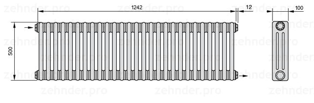 Схема (чертеж) Радиатор Zehnder Charleston 3050/27 №1670 Белый глянцевый RAL 9016